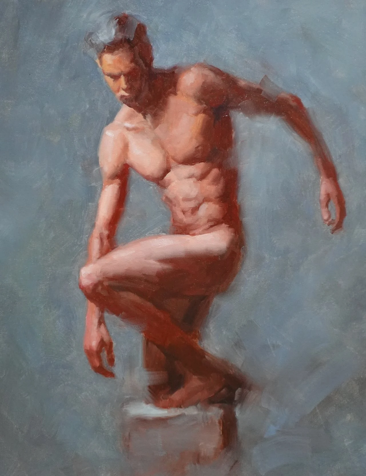 Expressive oil painting of a seated human figure